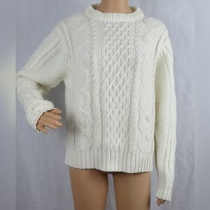 White Sweater Cable Stitch Knit Women M L Winter